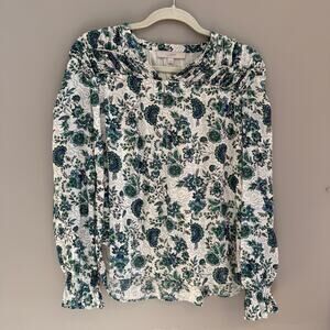 LOFT Medium Floral Paisley Blue & Green Long Sleeve Flowy Top